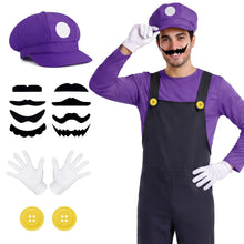 Carica l'immagine nel visualizzatore di Gallery, Super Brothers Costume Accessori, Super Bro Halloween Costume per Adulto Bambini con Cappello Baffi Guanti Giallo/Viola,