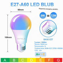 Carica l'immagine nel visualizzatore di Gallery, ANTELA Lampadina WiFi Intelligente E27, 9W 1000 Lumen Lampadine Led Smart Alexa Multicolore RGBCW Dimmerabile 2700-6500K