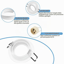Carica l'immagine nel visualizzatore di Gallery, Cornice Faretti incasso cartongesso GU10 Orientabili Alluminio Bianco, Portafaretto Faretto led da incasso per cartonges