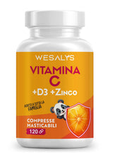 Carica l'immagine nel visualizzatore di Gallery, Vitamina C D Zinco, Masticabile gusto Arancia, per Bambini ed Adulti, Vitamina C 1000mg, Vitamina D3 2000 UI e Zinco 5mg in 2 cpr, WE Salus