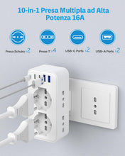 Carica l'immagine nel visualizzatore di Gallery, Presa Multipla con 2 Schuko e 4 Prese IT, Spina Italiana, Multipresa Salvaspazio con 4 USB, Adattatore Spina 16A per Cuc