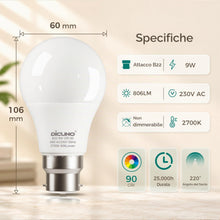 Carica l'immagine nel visualizzatore di Gallery, DiCUNO Lampadina LED B22 A60, 9W Equiv. 60W, 2700K, 806lm, 2 Pezzi