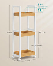 Carica l'immagine nel visualizzatore di Gallery, SONGMICS Carrellino Salvaspazio, Carrello Bagno, Mobiletto Bagno Stretto a 3 Ripiani con Ruote, Bambù, 20 x 30 x 80 cm, Bianco e Naturale BCB083N02