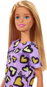 Barbie Bambola Bionda con Abito Viola con Cuoricini Gialli, Giocattolo per Bambini 3+ Anni, GHW45