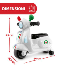 Carica l&#39;immagine nel visualizzatore di Gallery, Chicco Vespa per Bambini Primavera Bianca, Moto Giocattolo Cavalcabile con Pannello Elettronico, Luci e Suoni, Ruote di Supporto Rimuovibili, Max 25 Kg, Giochi per Bambini 1-3 Anni