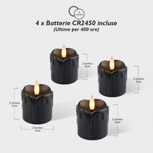 Carica l'immagine nel visualizzatore di Gallery, Rhytsing 4 Candele Votive LED Nere in Cera Design Gocciolante, Candele Tealight a Batteria con Timer per Halloween e Inv