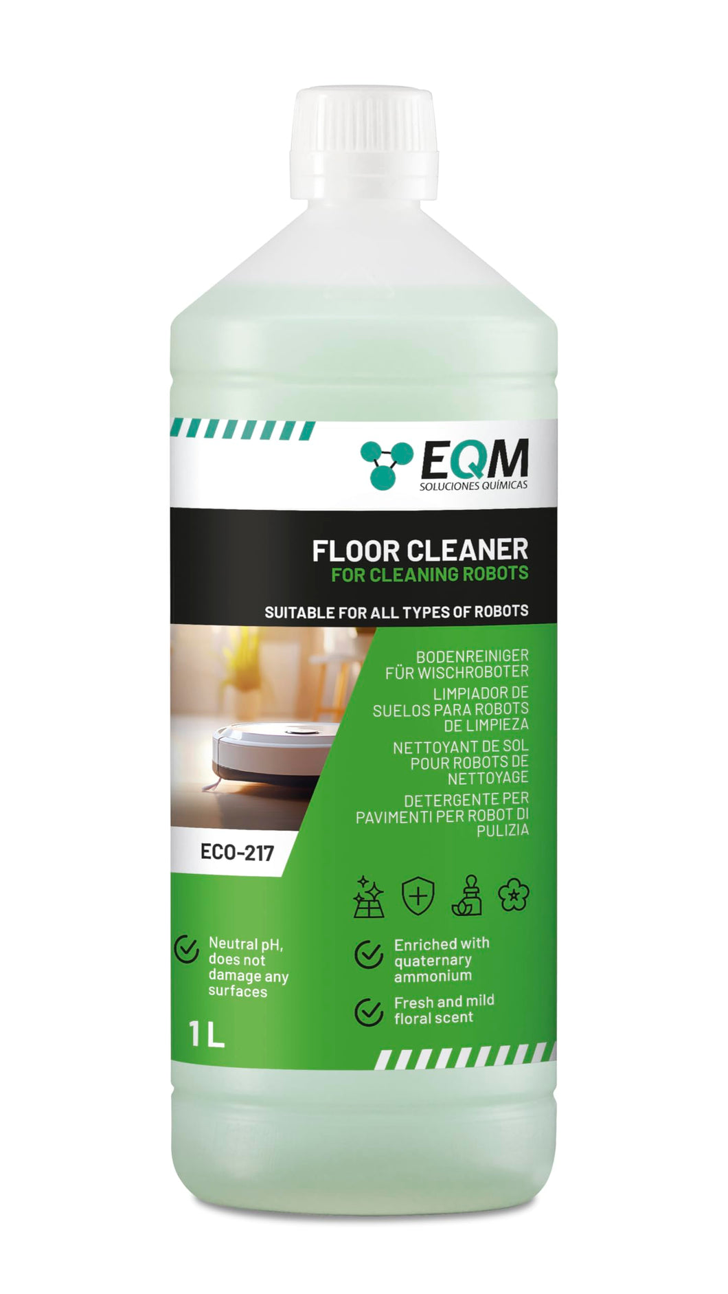 EQM SOLUCIONES QUIMICAS EQM | ECO-217 | Detergente per robot lavapavimenti | 1.000 ml | Valido per qualsiasi superficie grazie al suo pH neutro| Aroma floreale