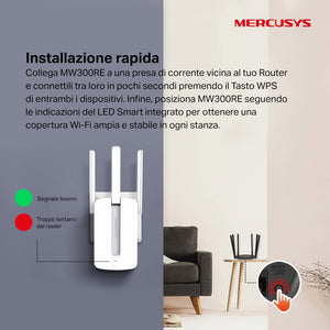 Mercusys TP-Link MW300RE Ripetitore Wireless Wifi Extender e Access Point, Velocità Single Band 300 Mbps, Tre Antenne Esterne, Tecnologia Mimo, Potenzia Copertura Wi-Fi