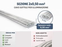 Carica l'immagine nel visualizzatore di Gallery, Cavo Piattina Trasparente 2x0,50 mm² SOTTILE – Matassa 10 Metri – Rame Puro – Ideale per Lampade, Lumi e Lampadari – 250