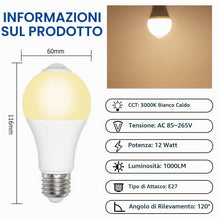 Carica l'immagine nel visualizzatore di Gallery, Akynite Lampadina LED con Sensore di Movimento E27 12W Luce Calda 3000K 1000LM, 120 gradi, AC 220V, Auto on off, Lampadi