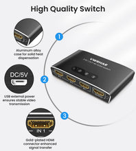 Carica l'immagine nel visualizzatore di Gallery, Sdoppiatore HDMI, 4K@60Hz HDR Switch HDMI 3 In 1 Out con Telecomando, Alluminio HDMI Switch Supporta 4K/3D/HDCP1.4/UHD/1080P, Splitter HDMI per TV, PC, Fire Stick, PS5/4/3, Xbox, Blu-Ray, DVD Player