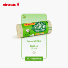 Carica l'immagine nel visualizzatore di Gallery, Virosac - Proxsac Bio - Sacchetti Per Rifiuti Biodegradabili 45x60 Con Bretelle, 15pz per rotolo, kit da 3 rotoli