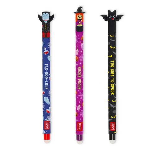 Legami - Set di 3 Penne Gel Cancellabili, The Boo Crew, Penne con Inchiostro Cancellabile Termosensibile, Nero, Viola, Rosso, Erasable Pen Halloween, Cancella Senza Consumare il Foglio