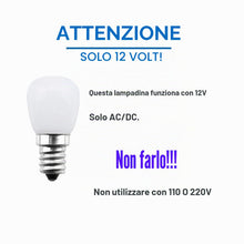 Carica l'immagine nel visualizzatore di Gallery, Lampadina a LED E14 AC/DC 12 V 2 W T26 luce bianca calda 3000K angolo di diffusione 360° 200lumen per camper barca corti