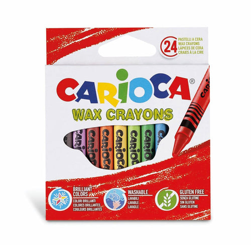 CARIOCA Pastelli Wax, Pastelli a Cera Lavabili con Punta Normale per Bambini, Morbidi e Scorrevoli, Colori Assortiti e Brillanti, Facili da Temperare, 24 Pezzi