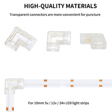 Carica l'immagine nel visualizzatore di Gallery, Connettori COB LED 10mm a 4 pin a forma di L (10pz) senza saldatura, giunto 90° per strisce bicolore 5V/12V/24V, collega