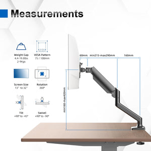 GRIFEMA GB2003-1 Supporto per monitor a molla a gas per schermo di computer da 13-32 pollici, altezza regolabile, VESA 75x75/100x100, peso 2-9 kg, nero