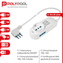 Carica l'immagine nel visualizzatore di Gallery, Poly Pool PP2501XL Multipresa con Cavo da 3 m – 2 Prese Bivalenti 10/16A 2P+T + 1 Presa Pluristandard 10A+schuko – Spina