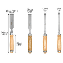 Carica l'immagine nel visualizzatore di Gallery, QWORK® 4 Pezzi Scalpelli per Legno 6, 12, 19, 24mm, Set Scalpelli Scalpelli per Legno Professionale con Robusto Cappucci