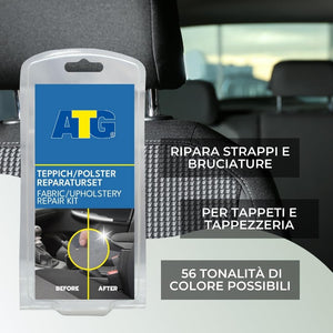 ATG Kit riparazione sedili auto in tessuto - Rivestimento tappezzeria Auto - Colla per tessuti auto - Toppe per sedili auto - Per tutta la tappezzeria – 13 pezzi (Confezione Assortita)