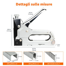 Carica l'immagine nel visualizzatore di Gallery, Amazon Basics Graffettatrice robusta, sparapunti 3 in 1 con 600 graffette, per tappezzeria, riparazioni domestiche, fale