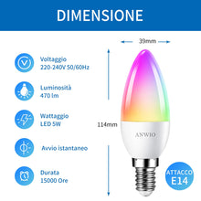 Carica l'immagine nel visualizzatore di Gallery, ANWIO Lampadina Alexa, Lampadina Smart,5W Equivalenti a 40W,470Lm,C37, Lampada Smart Wifi E14 con Telecomando Compatibil