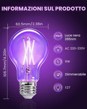 Carica l'immagine nel visualizzatore di Gallery, A19 E27 6W Lampadina nera per Halloween 395nm UV Glow Dimmerabile 4 pacco