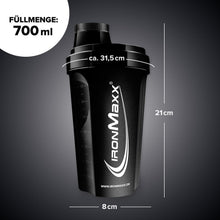 Carica l'immagine nel visualizzatore di Gallery, IronMaxx Eiweiß Shaker - 700 ml - Schwarz | Shaker Proteico con Tappo a Vite | Antigoccia | BPA/DEHP Free | Lavabile | Scala Graduata