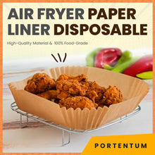 Carica l&#39;immagine nel visualizzatore di Gallery, PORTENTUM Carta forno per friggitrice ad aria 100 pezzi Food-Grade BPA Free 20 x 20 x 4,5 cm Carta Air Fryer Quadrata - Ideale per una cottura sana
