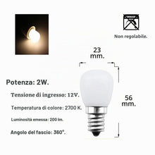 Carica l'immagine nel visualizzatore di Gallery, Lampadina a LED E14 AC/DC 12 V 2 W T26 luce bianca calda 3000K angolo di diffusione 360° 200lumen per camper barca corti