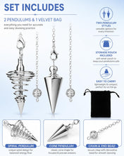Carica l'immagine nel visualizzatore di Gallery, Pendolo Esoterico in Metallo Argento, 2 Pezzi con Custodia Morbida, Ideale per Radioestesia e Divinazione Tarocchi, Stru