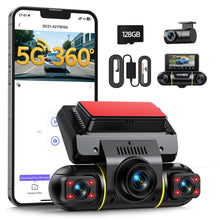 Carica l'immagine nel visualizzatore di Gallery, LAMTTO Dash Cam Auto 360 Gradi Dashcam Controllo APP WiFi 5G 4 Canali Telecamera per Auto Monitoraggio del Parcheggio IR Visione Notturna Kit di Cablaggio Scheda 128GB Gratuita