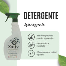 Carica l'immagine nel visualizzatore di Gallery, Nativ Igienizzante Multisuperficie 100% Naturale. 3 Flaconi da 750 ml. Igienizzante Liquido per la Casa con Olio di Eucalipto. Ideale per bagni, cucine e tutte le superfici domestiche.