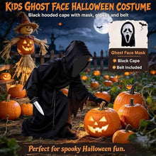 Carica l'immagine nel visualizzatore di Gallery, Costume Ghostface Bambini Ghost Face Costume Completo di Mantello, Maschera Spaventosa, Cintura, Guanti e Coltello Finto