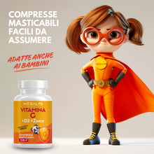 Carica l'immagine nel visualizzatore di Gallery, Vitamina C D Zinco, Masticabile gusto Arancia, per Bambini ed Adulti, Vitamina C 1000mg, Vitamina D3 2000 UI e Zinco 5mg in 2 cpr, WE Salus