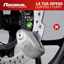 Carica l'immagine nel visualizzatore di Gallery, RADIKAL RK910S Antifurto Moto Blocca Disco Allarme 120 Db Ø10 Doppia Chiusura Omologata Sra, Acciaio Inossidabile