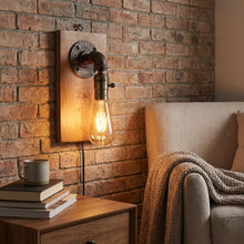 Carica l'immagine nel visualizzatore di Gallery, BARCELONA LED Applique da Parete Vintage in Legno e Metallo Stile Industriale Retro Design Tubo con Cavo Nero Interrutto