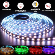 Carica l'immagine nel visualizzatore di Gallery, Striscia LED 24V, 4 in 1, RGBWW RGB + Bianco Caldo 3000K 5M Colori Misti Strisce SMD 5050 IP20 300 LEDs Nastri Luci Colo