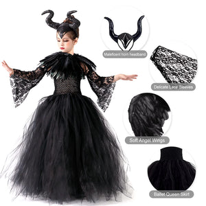Malefica Costume da Regina per bambine, Strega Cattiva Halloween, Abiti Tutu Principessa, Gonna Tulle Festa a Tema, Vestito Carnevale, Natale, Cosplay (XL 135-155 cm)