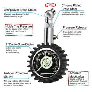 Manometro Pressione Gomme,ATsafepro Manometro pneumatici 4 bar 60psi certificato ANSI B40.1 preciso con ampio quadrante luminoso 2" Manometro meccanico professionale per moto, auto, camion