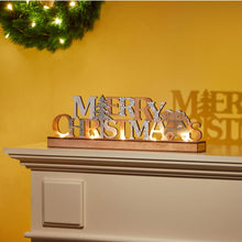 Carica l'immagine nel visualizzatore di Gallery, COM-FOUR® Scritta natalizia illuminata LED su base in legno - scritta decorativa da posare per Natale - luce d'atmosfera con timer (color argento)