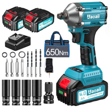 Carica l&#39;immagine nel visualizzatore di Gallery, Avvitatore a impulsi a batteria da 650 N.m, 2 pezzi da 4000 mAh e caricatore rapido, avvitatore a percussione con 5 ugelli a percussione e 8 punte, avvitatore a percussione per auto e uso