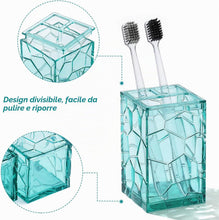 Carica l'immagine nel visualizzatore di Gallery, Set di accessori da bagno in acrilico trasparente, antiruggine, design trasparente, include dispenser di sapone, portaspazzolino, tazza, portasapone e scopino per WC, 5 pezzi (blu foglia di tè)