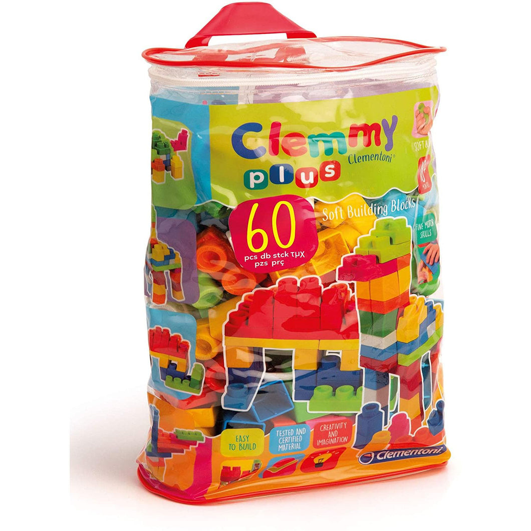 Clementoni Clemmy Plus - 60 Mattoncini per Costruzioni, Gioco Prima Infanzia Made in Italy, Bambini 18-36 Mesi, 100% Igienici e Lavabili, per Sviluppare Manualità, Percezione Visiva e Fantasia, 14880