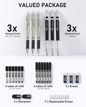 Carica l'immagine nel visualizzatore di Gallery, Nicpro 6 Pezzi Metallo Matite Meccaniche Set, Art Matite 0,5 mm, 0,7 mm 0,9 mm e 2mm (2B HB 2H), Portamine con 12 Tubo M