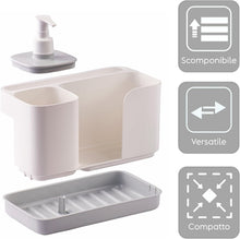 Carica l'immagine nel visualizzatore di Gallery, Snips Riordinello 3 in 1, Organizer Lavello Cucina con Dispenser Detersivo Piatti 400 ml, Porta Spugna e Porta Strofinacci, Set Salvaspazio 21x12x18 cm, Made in Italy