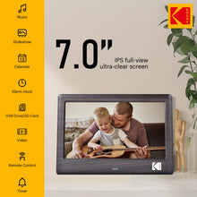 Carica l'immagine nel visualizzatore di Gallery, KODAK 7 pollici Cornice Digitale, cornice elettronica, schermo IPS, foto/musica/lettore video, calendario/allarme, supporto USB o scheda SD, rotazione automatica, con telecomando