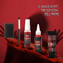 Carica l'immagine nel visualizzatore di Gallery, Festicy Set Sangue Finto Halloween 2024 I 3 Tipi di Sangue Finto Lavabile (Spray, Gel, Liquido) + Spugna e Pennello I Make Up , Costumi, Effetti Spaventosi I Trucchi Halloween Bambini e Adulti
