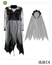 Carica l'immagine nel visualizzatore di Gallery, Funidelia Costume da sposa fantasma per bambina. Include Vestito e cerchietto per capelli con fiori e velo, taglia 13-15