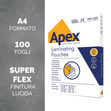 Carica l'immagine nel visualizzatore di Gallery, Fellowes Apex A4 Pouches per la plastificazione, finitura lucida, 100 fogli - Super-Flex - Ideali per documenti e foto